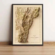 Vermont Map, Vermont 2D Relief Map, Vermont Vintage Map - 2D Flat Print