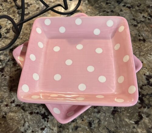 Set Of 2 pampered chef 7.25 square plates Pink with White Polka Dots #5415 Snack - Picture 2 of 7