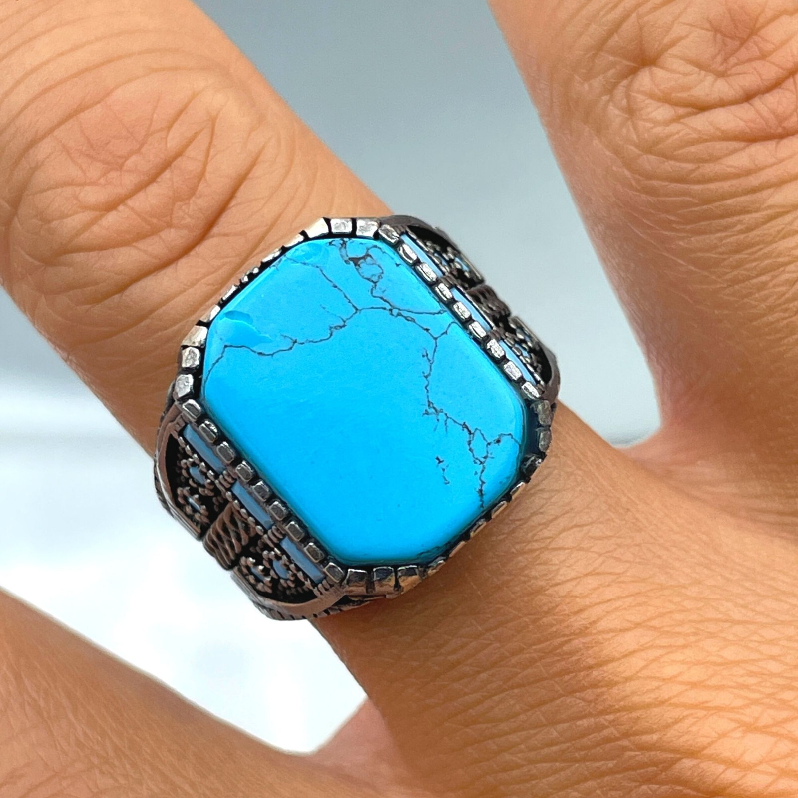Men Turquoise Stone Ring Natural Gemstone Ring 925 Sterling Silver Gift ...