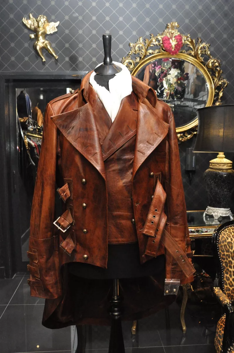 Mens Steampunk Brown Leather Tailcoat Waistcoat Victorian Edwardian Jacket