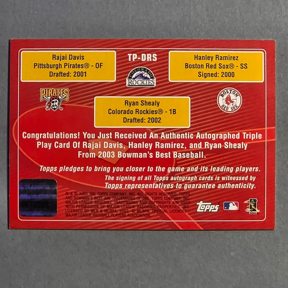 Bowman's Best Triple Play 2003 Rajai Davis, Hanley Ramírez, Ryan Shealy radiocontrol automático Foto 2 de 2