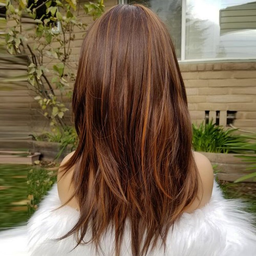 #4 Highlight Light Brown Human Hair Wig With Bangs Scalp Top Full Machine Made - Picture 5 of 12