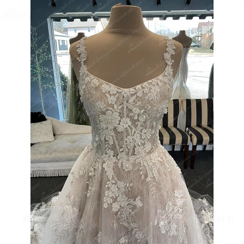 Bohemian Lace Appliques Wedding Dresses Backless A Line Straps Bridal Gowns - Picture 4 of 10