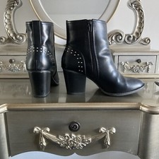Black Faux Leather & Silver Studded Side Zip Mid Chunky Heel Ankle Boots 4 Wide