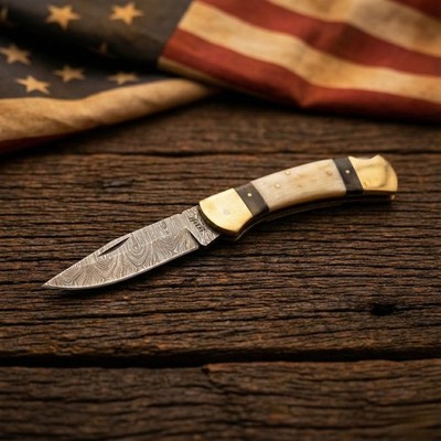 Damascus Lock Back Folding Pocket Knife Camel Bone Buffalo Horn Handle 3.75''