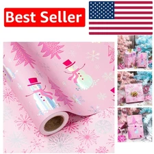 Reversible Metallic Foil Christmas Wrap - Pink Snowman & Snowflake Design