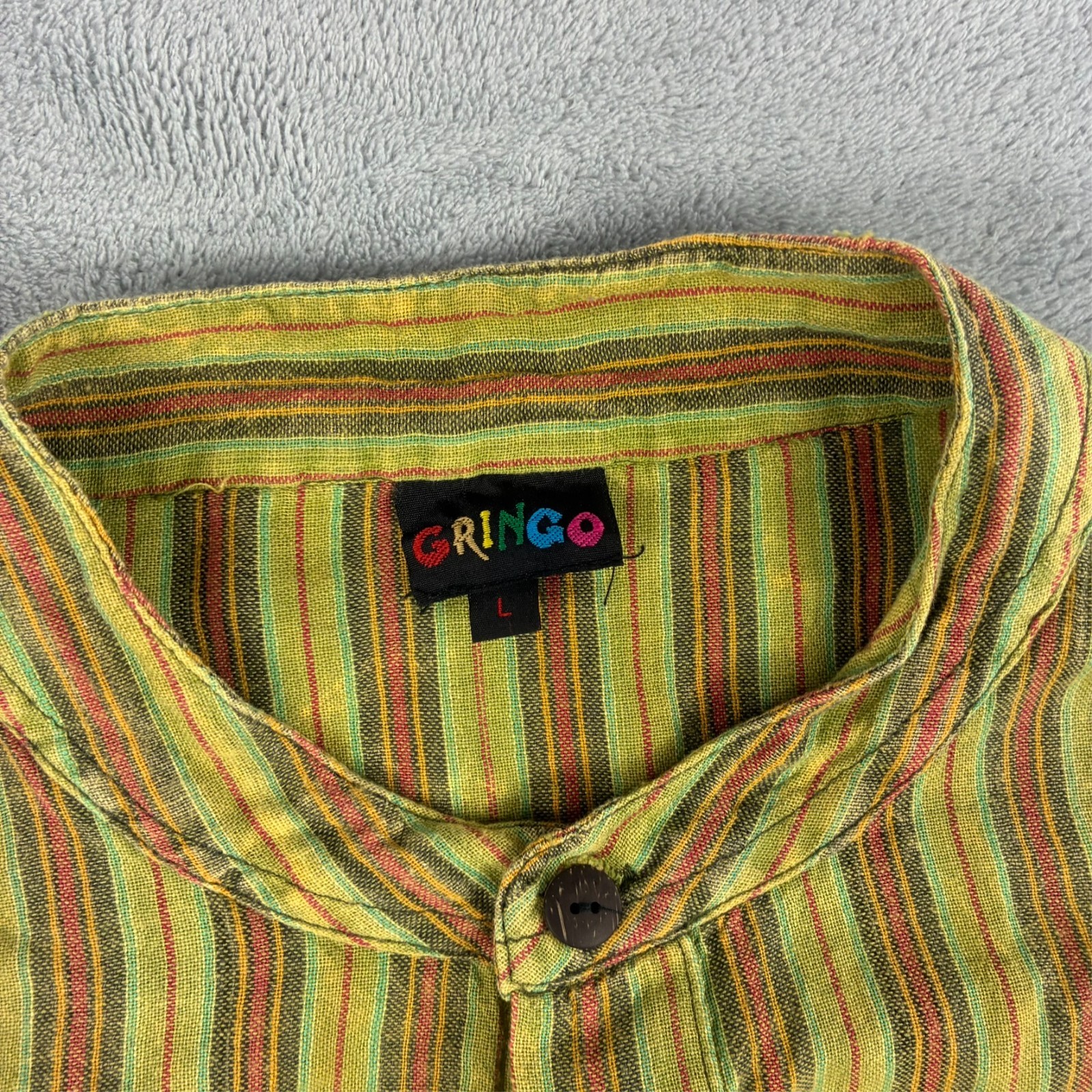 Vintage Gringo 2000s Green Striped Hippie Grandad Collar Large Long Sleeve Shirt image 4