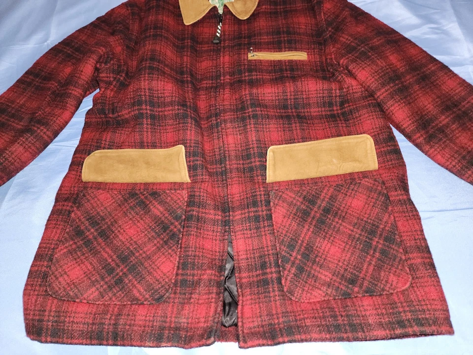 DE COLECCIÓN OSO DORADO HOMBRE LANA CUADROS ACOLCHADO FORRADO ABRIGO CHAQUETA ROJO/NEGRO CON GAMUZA Foto 2 de 4