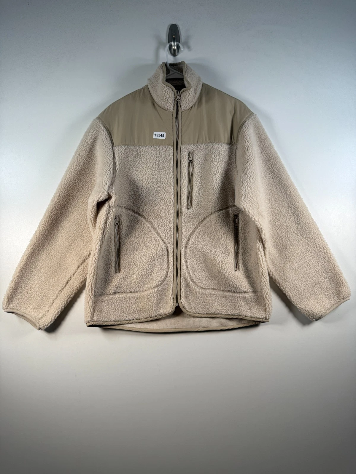 BNWT H&M Unisex Full Zip Mockneck Sherpa Fleece Jacket Beige Sz Small 22.5x30