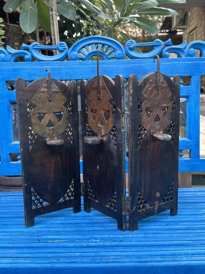 Antiguo panel de soporte de vela de hierro tallado a mano de madera raro Foto 2 de 4