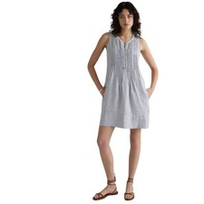 Quince Size M 100% European Linen Sleeveless Swing Dress Blue Pinstripe