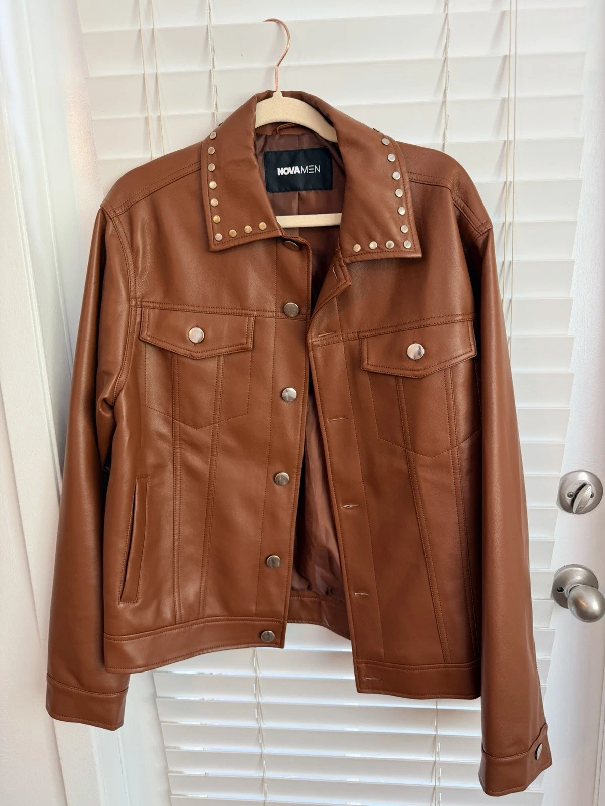 NEW BOOHOOMAN FAUX BROWN LEATHER Studded Collar Trucker Jacket SMALL image 1