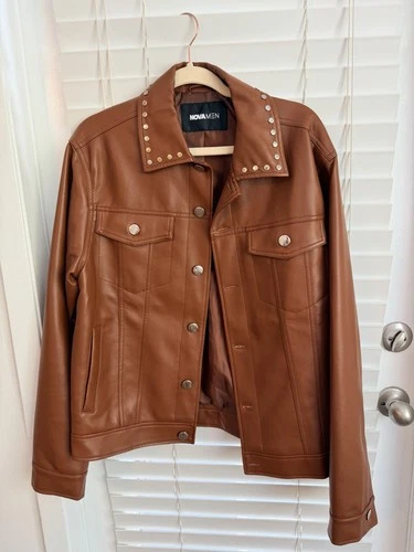 NEW BOOHOOMAN FAUX BROWN LEATHER Studded Collar Trucker Jacket SMALL video thumbnail