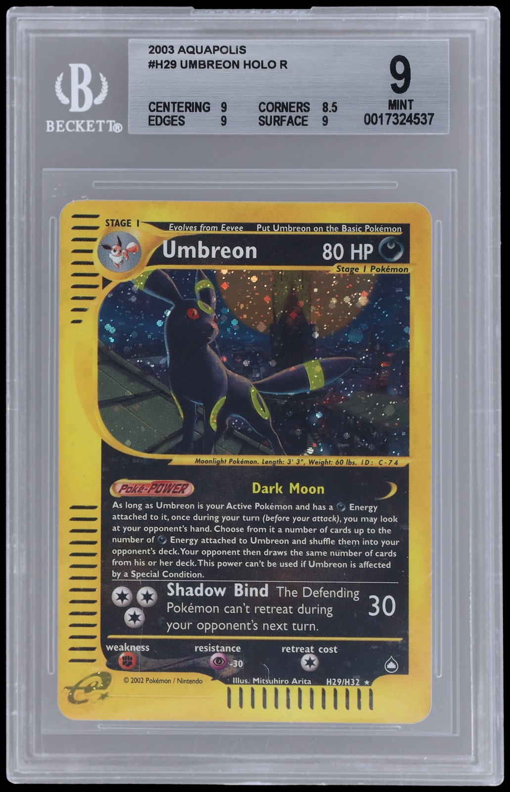 2003 Pokemon Aquapolis Umbreon #H29 BGS 9 Holo Mint