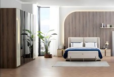 Meble do sypialni Design Podwójne łóżko Szafka Beżowe stoliki nocne 5 szt. Drewno