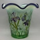 Fenton Art Glass Designer Showcase Flip Vase Opalescent Optic Green Hand Painted