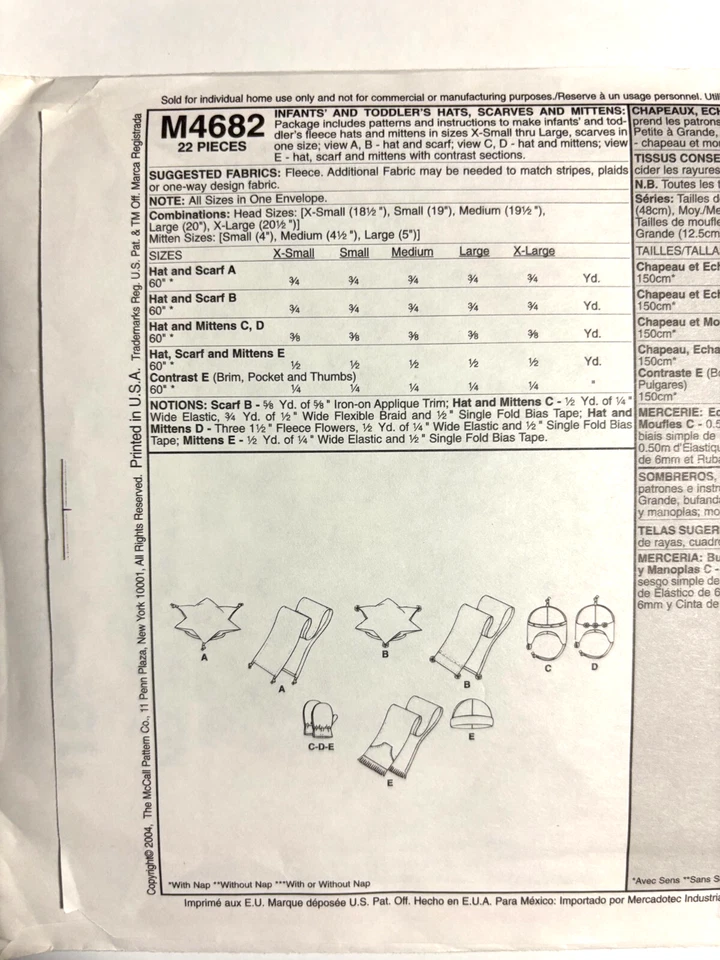 Kid's Sewing Pattern Hat Scarf Mittens XS- XL McCall's 4682 Uncut NEW - Image 2 of 2
