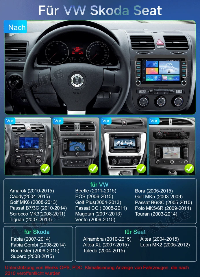 Android 14 GPS Navi 2+32GB CarPlay für VW Autoradio TOURAN GOLF Tiguan PASSAT - Bild 4 von 4