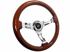 14 Slotted 3 Spoke Steering Wheel Chrome Dark Wood Grip 6 Hole Chevy Ford Gmc