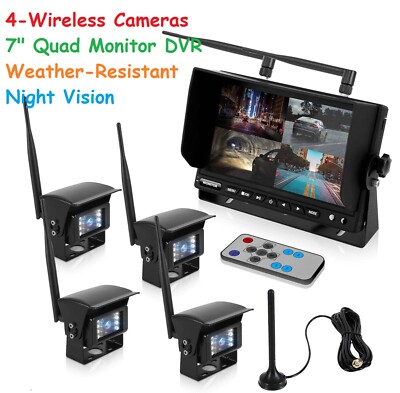 Pyle Wireless Rear View Backup 4-Camera 7'' Quad Monitor DVR For Truck Bus Van RV