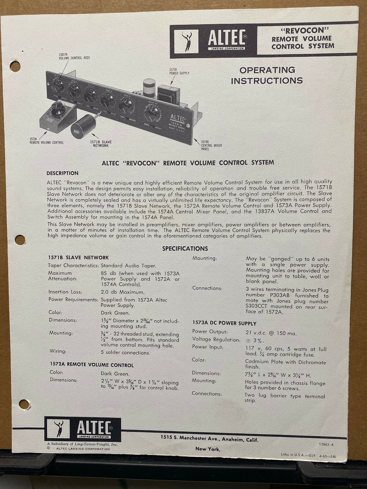 Owner Operating Manual ~ Altec Revocon Remote Volume Control System 1574A