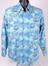 Vtg MONTGOMERY WARD Disco Shirt-15 R-Button Up-Pockets-Blue Abstract Loud