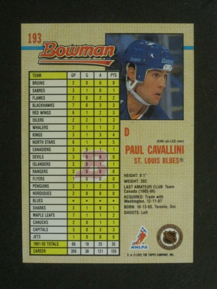 1992-93 BOWMAN HOCKEY PAUL CAVALLINI ST. LOUIS BLUES CARD #193!!!!!!!! - Image 2 of 2