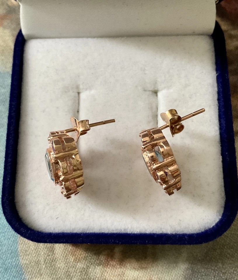 TOPAZE , TANZANITE, AMETHYSTE, OR ROSE / ARGENT, BOUCLES D’OREILLES ANCIENNES - Photo 4/4