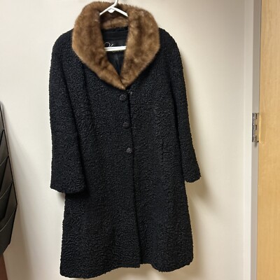 VTG 1960's Women's Black Curly Persian Lamb's Wool Coat With Mink