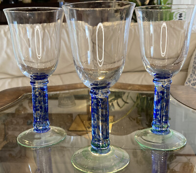 Vintage Swedish Hand Blown Wine Glasse Ahlens Scandinavian Blue Stem Set 3