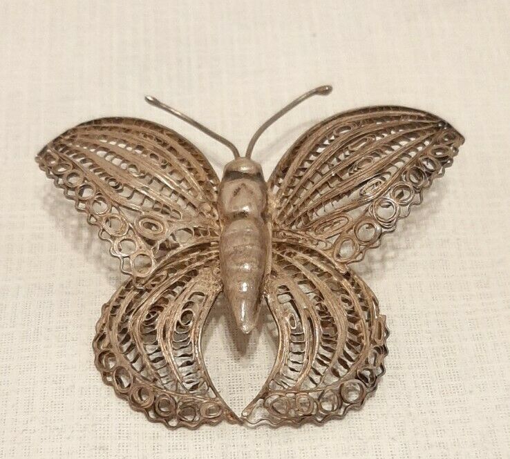 Large Vintage Mexican Silver Filigree Butterfly B… - image 1
