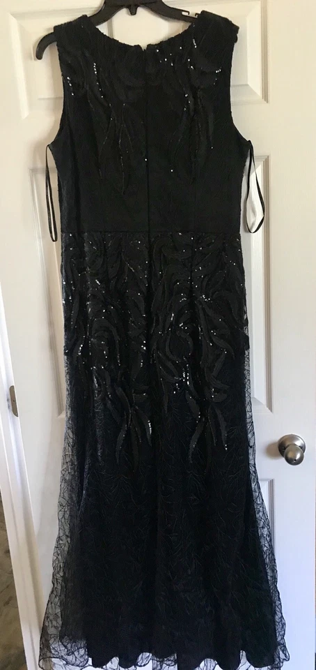 Vestido preto DAVID MEISTER, lantejoulas, bordado, renda, decote em V, tamanho 14. - Imagem 3 de 4