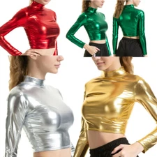 Womens Shiny Metallic Rave Dance Long Sleeve Crop Top T-shirt Club Stage Costume