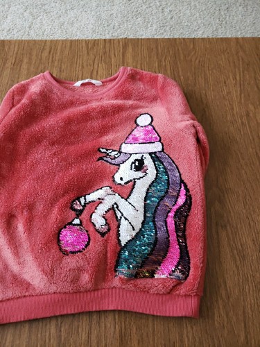 H&M Unicorn Sweatshirt Girls Sz 6X/7 Pink Fleece Sequin Color Change Santa VGC - Picture 5 of 5