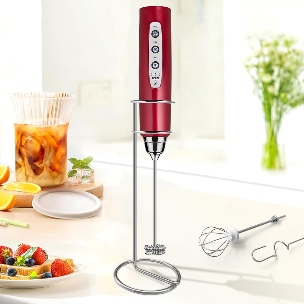 Milk Frother with Stand Rechargeable-Handheld Frother Wand with 3 Stainless Whis
