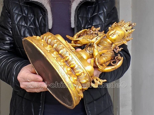 Antique Kwan-yin Buddha Statue blessed 4 arms guanyin Old Bronze gilt 12.4“/31cm - Picture 10 of 10