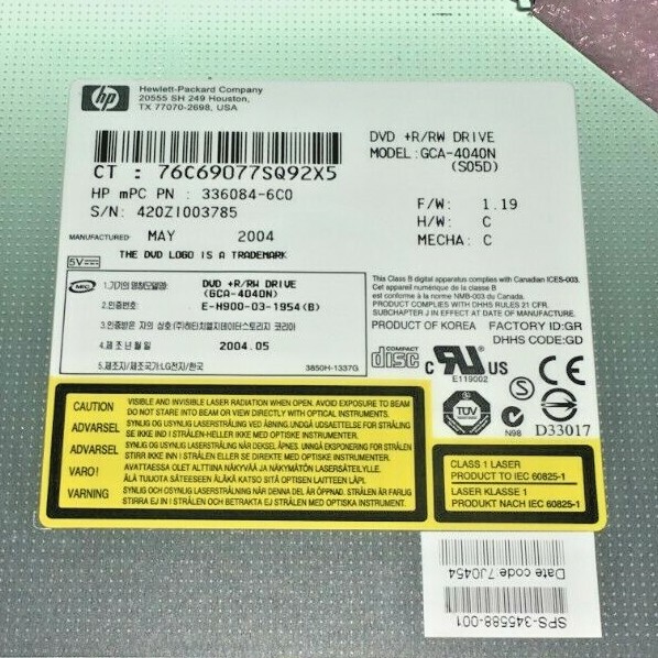 NEW 345588-001, GCA-4040N, HP IDE DVD+R/RW CD-RW DRIVE W/BEZEL