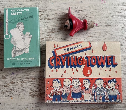 Lot of Vintage 1970s Gag Gifts Crying Towel, Whistle, Liquor Pouring Spout READ