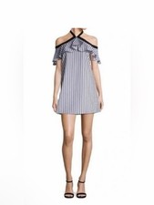 Alice + Olivia Blue & White Striped Cold-Shoulder Halter Mini Dress