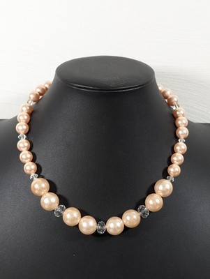 Peach Glass Faux Pearl Necklace Graduated Bead Retro Toggle Bridal Wedding 17.5''
