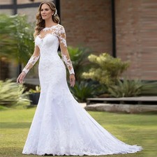 Mermaid Lace Wedding Dress Custom Made Full Sleeves Tulle Appliques Bridal Gown