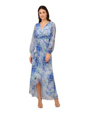 ADRIANNA PAPELL Womens Blue Lined Balloon Sleeve Maxi Dress 6