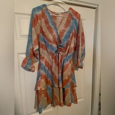 Umgee Boho Tie Dye Dress 🧡💙 Twist Front Tiered Ruffle Bell Sleeve Mini