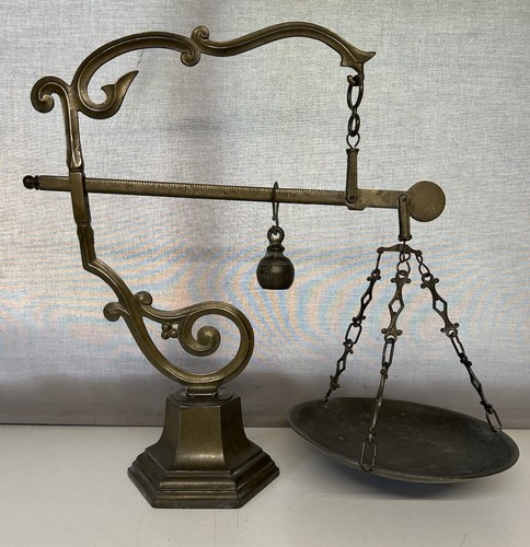 Large Antique French Balance Scales Brass with pan & sliding weight Marked MDCV