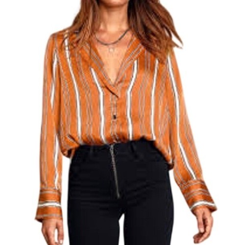 Lulus Kairi Rust Orange Striped Satin Long Sleeve Button-Up Top - Small