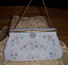 Vintage Handmade Evening Bag Beaded White Floral, by E. Grillot of Paris, France