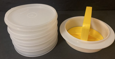 SET 7 pc LARGE 1925 Tupperware Hamburger 4 Keepers w/Yellow Press & Ring