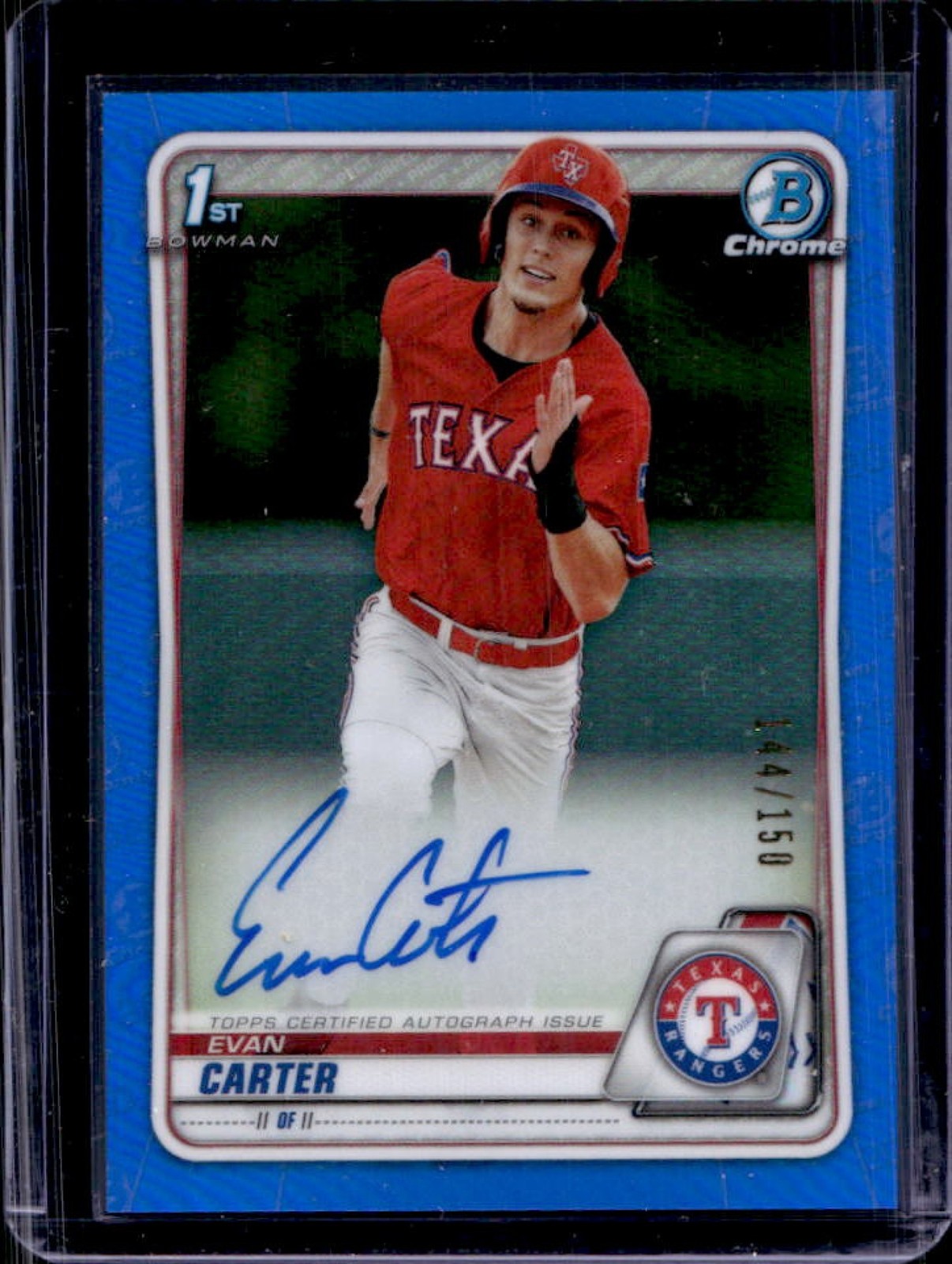 2020 Bowman Draft Evan Carter Chrome Auto 1st Blue Refractor #/150 Rangers