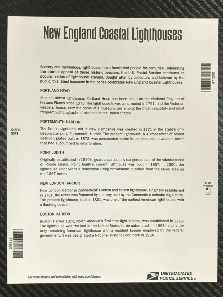 US Stamp 2013  New England Coastal Lighthouses5 sheets of 20/A total of 100 - Image 2 of 2