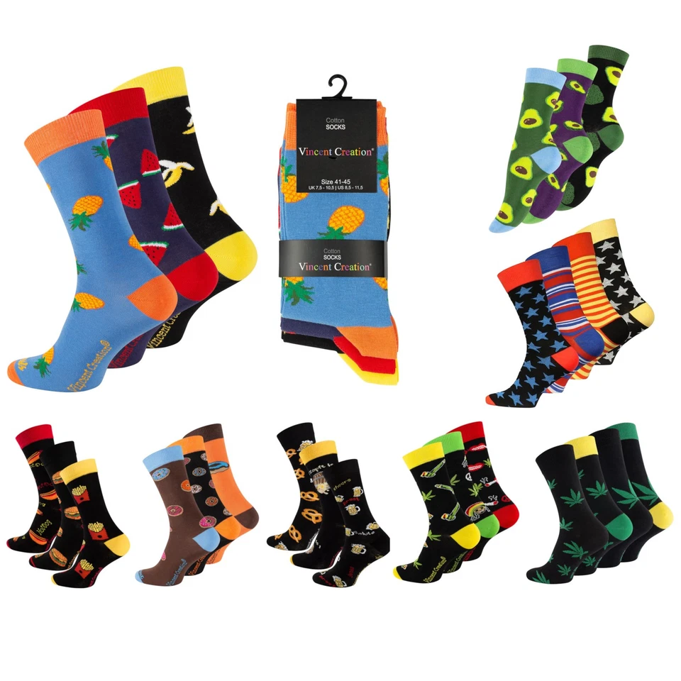 VINCENT CREATION 3-4 Paar Bunte Motiv-Socken Herren Damen – Früchte, Donut, Avocado, Hanf, Pommes